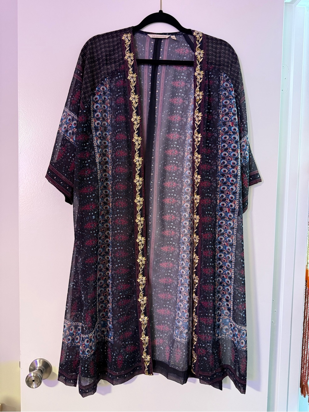 Soft Surroundings Floral Sheer Open-Front Kimono Cardigan w Gold Trim Sz S/M